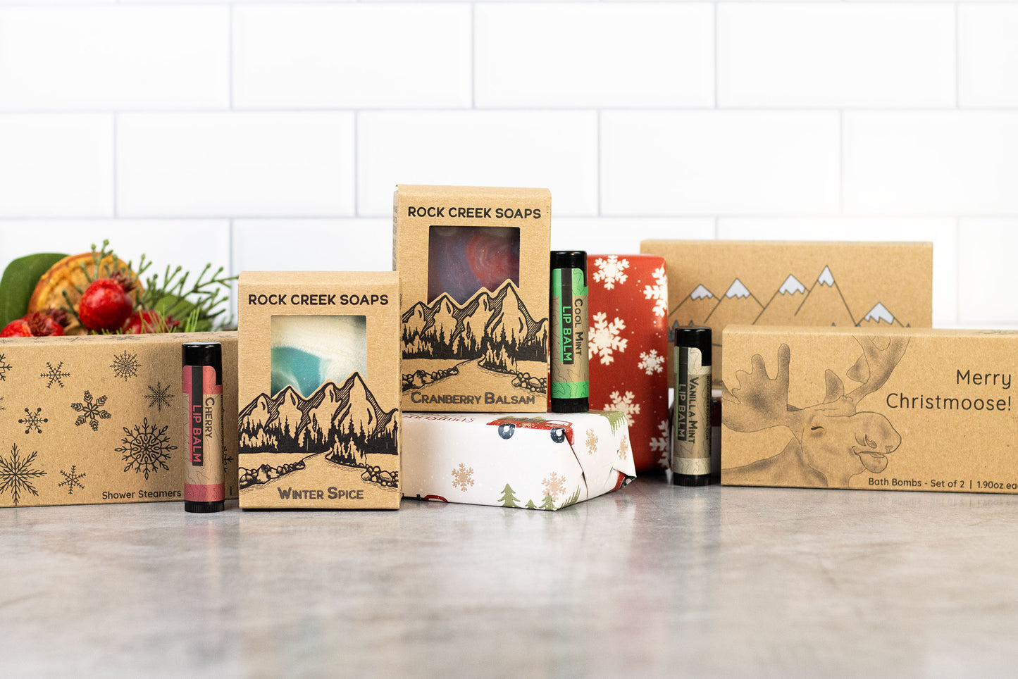Holiday Products: Lip Balm, Bar Soap, Bath Bombs, Shower Steamers